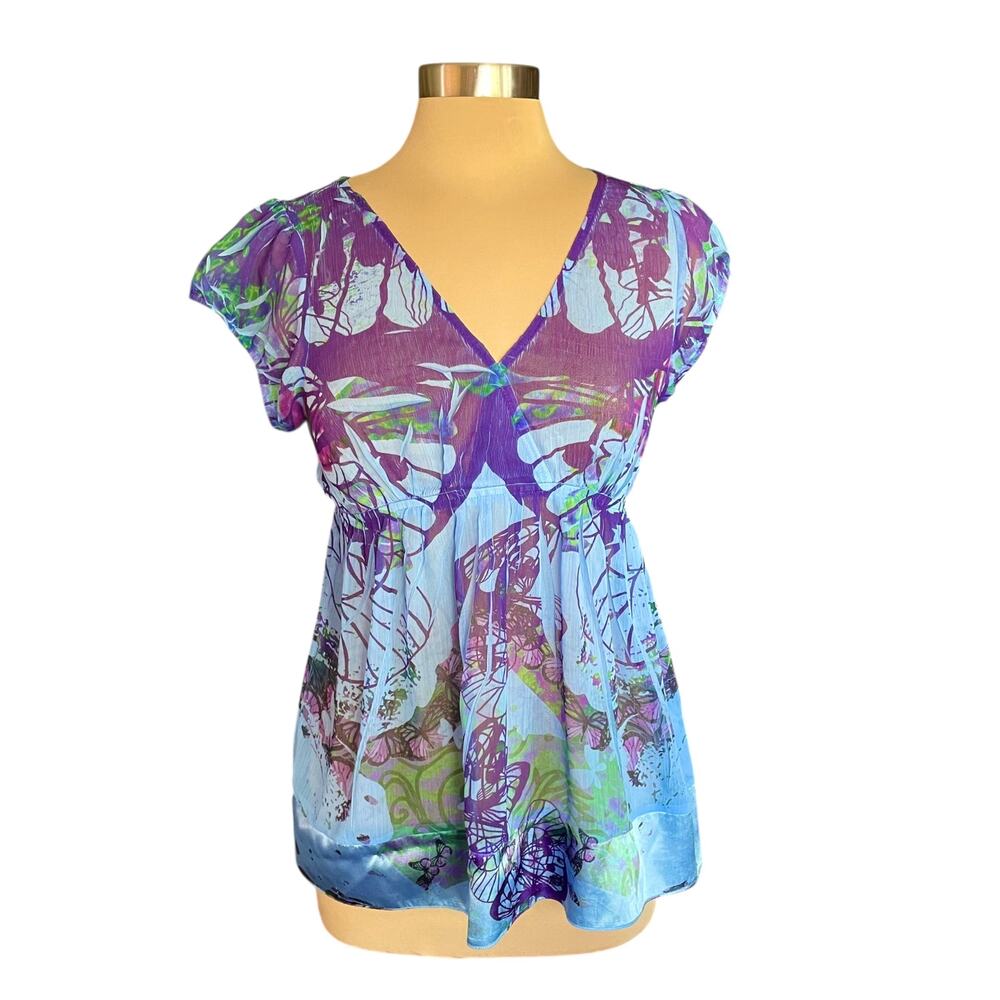 Unity World Wear Y2K Babydoll Top Sheer Chiffon Size S Butterfly Fairy Whimsical
